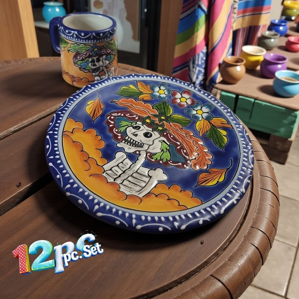 Mexican Talavera ceramic plate and matching mug 12pc SET